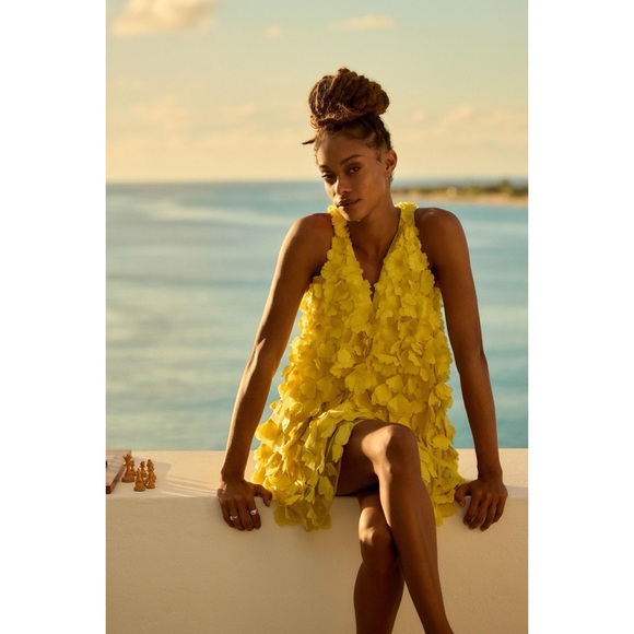 Anthropologie Maeve Sleeveless 3D Floral Appliqué Mini Dress in Canary Yellow - Picture 5 of 12